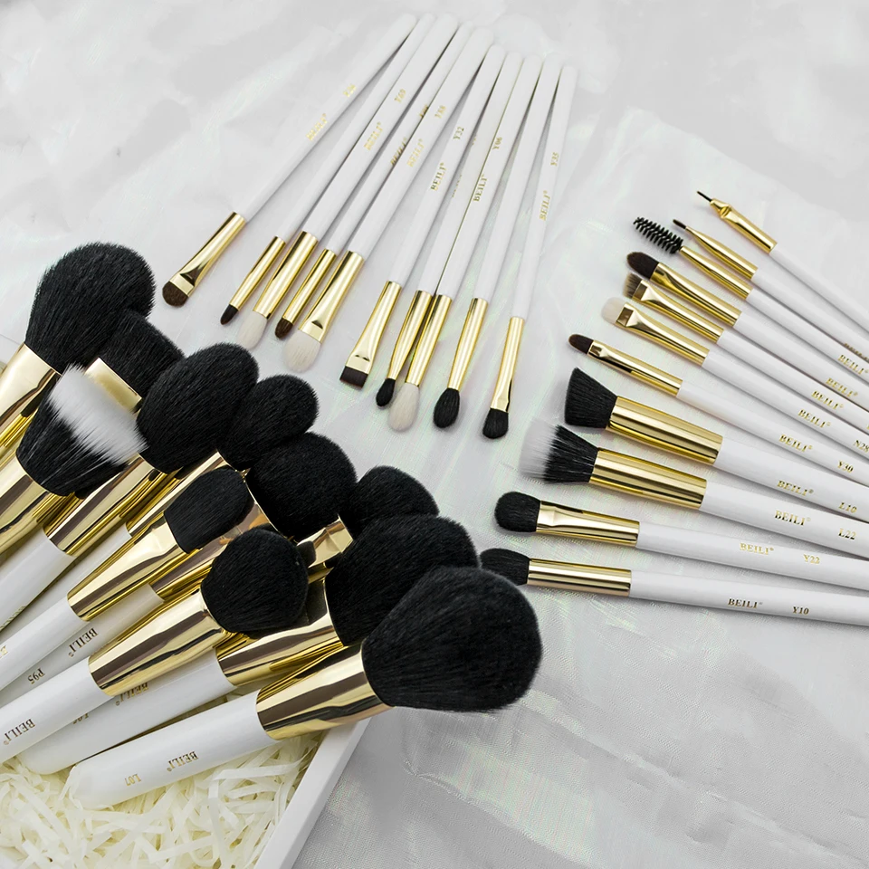 BEILI 32 pieces XGF Goat hair Luxury Professional Makeup brushes set Foundation Powder Blending Concealer Pearl white gold brush