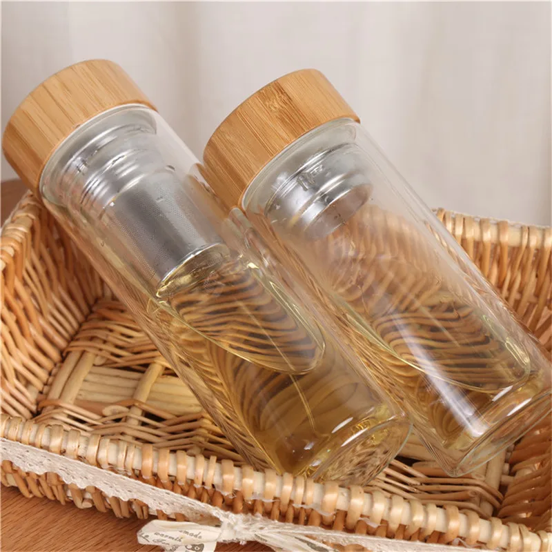 20pcs 350ml/450ml Bamboo lid Double Walled glass tea tumbler. Includes strainer and infuser basket LX0121