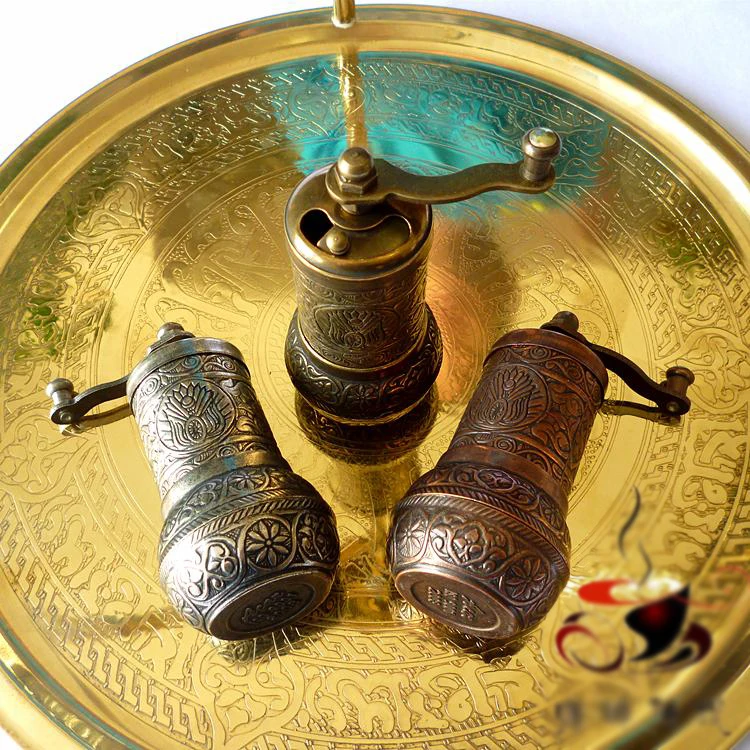 Turkish style manual coffee & spice seasoning  grinder all metal mini table grinder Copper Alloy  Relief Pattern