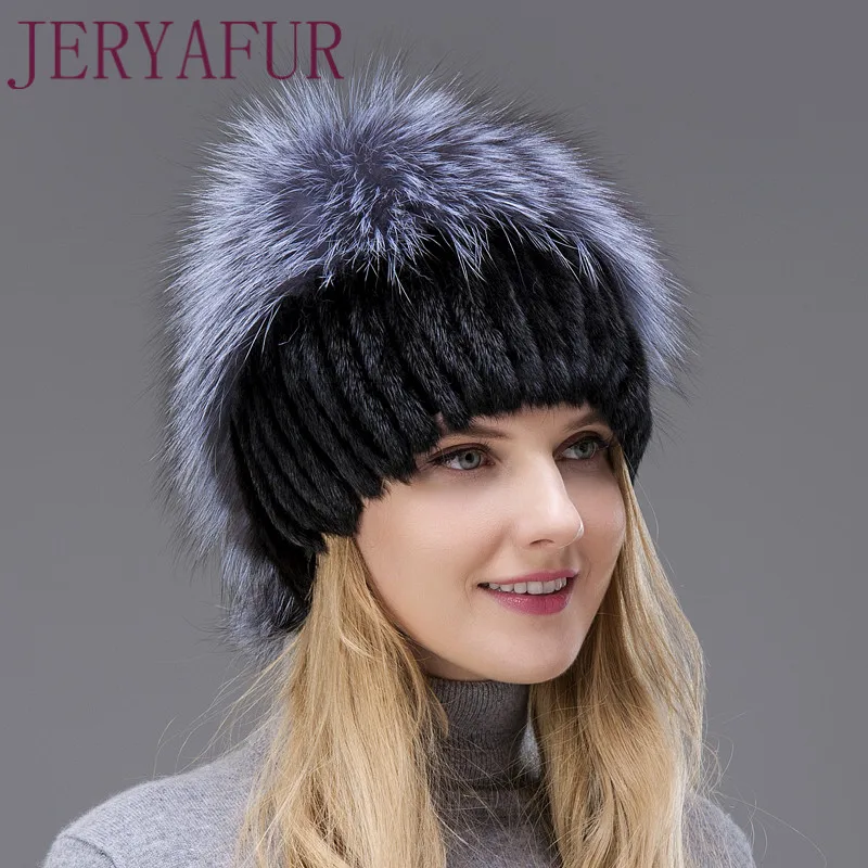 JERYAFUR Warm Women Winter Hats Real Mink Fur Female Earflap Caps With Fluffy Fox Pompom Fashion  Wool Lined Brand Hat