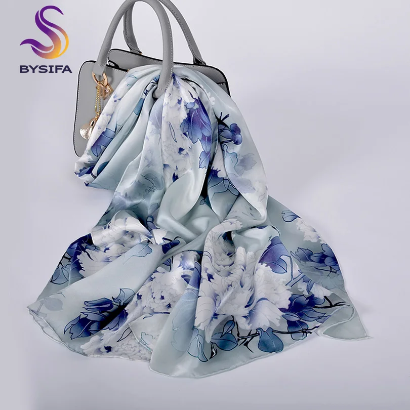 [BYSIFA] Pure Silk Silver Grey Scarves Chinese Style Peony Flower 100% Silk Long Scarf Shawl Fashion Spring Fall Neck Scarf Cape