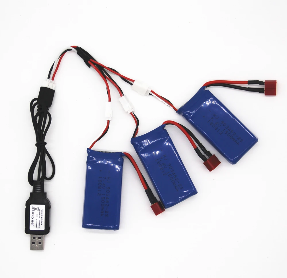 3PCS 7.4V 1500mAh Lipo battery With USB Charger For FT009 RC Boat 12428 battery Lipo 2S 7.4 V 1500 mah 903462 2S JST SM T PLUG