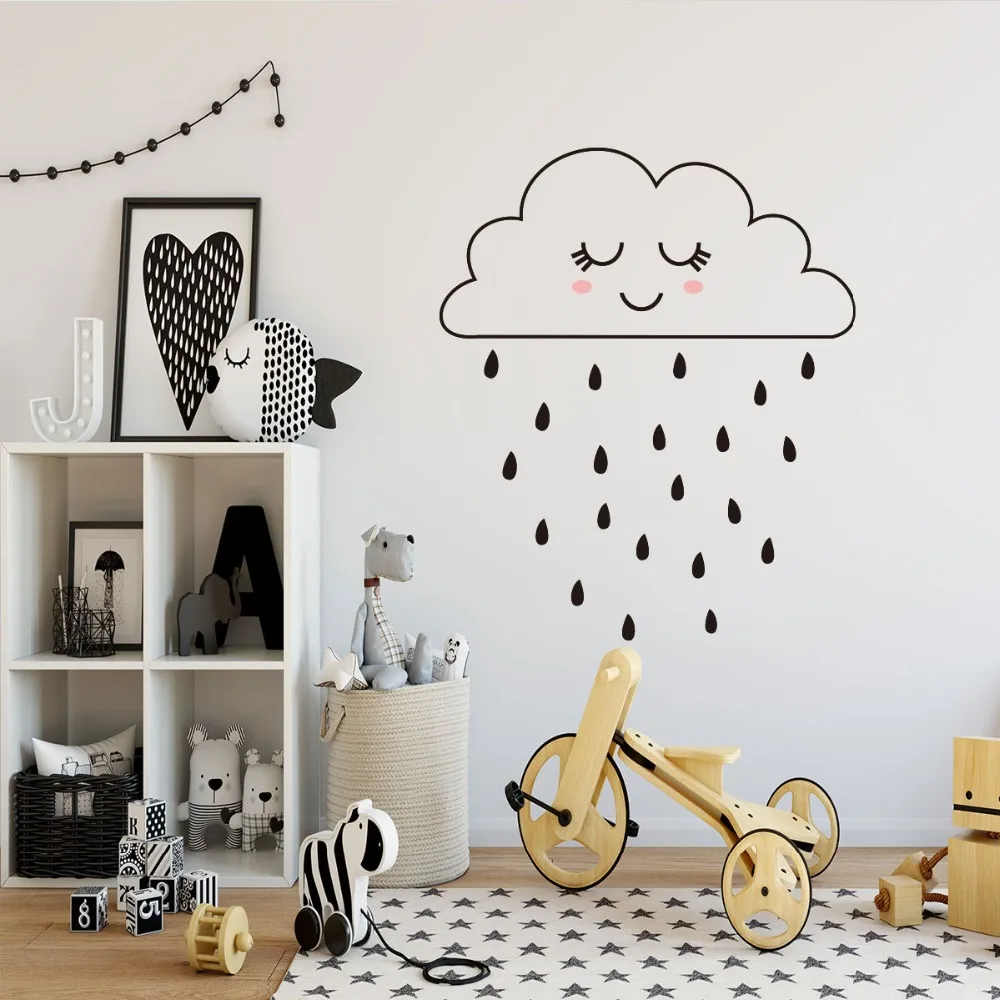 Cartoon Cute Smiling Clouds Raindrop Rain Wall Sticker For Kids Baby Rooms Home Decor Child Birthday Gifts Vinyl Art Wall Decals