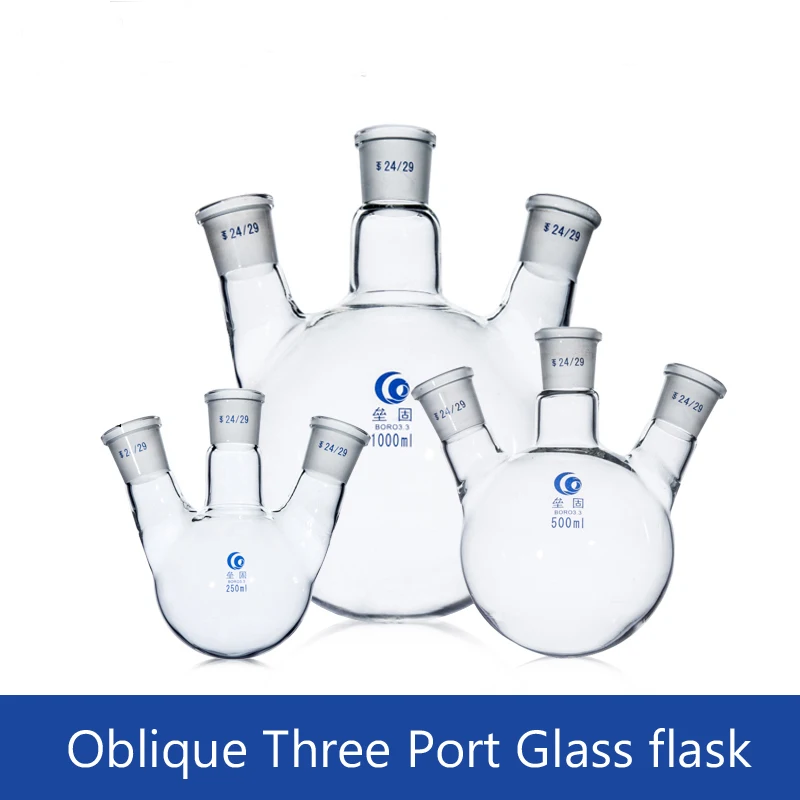 Oblique Three port Glass flask Round bottom Borosilicate glass Standard Mouth three neck flask reactor (#14/19/24)