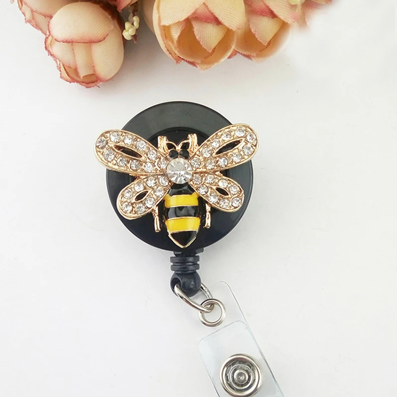 

100pcs/lot free shipping dhl Retractable Rhinestone Enamel cute honey Bee beetle Animal ID badge Holder reel