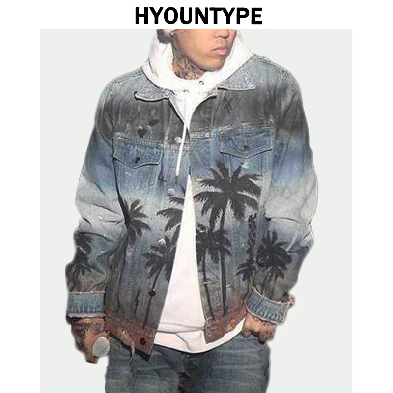 Hip Hop Denim Jacket Coat Autumn Fashion Mens Coconut Palm Printed Streetwear Destroyed Hole Jean High Street Outerwear Jackets