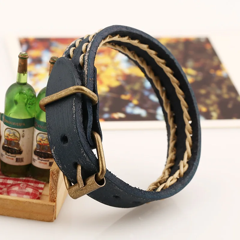 New Handmade Braided Bracelets for Men Women Jewelry Alloy Belt Buckle Retro Style 6 Colors Leather Rope Woven Wristband