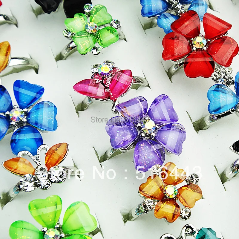 

A-009 100pcs Wholesale Fashion Jewelry Crystal Resin Rhinestones Flower Butterfly Women Rings Free Shipping