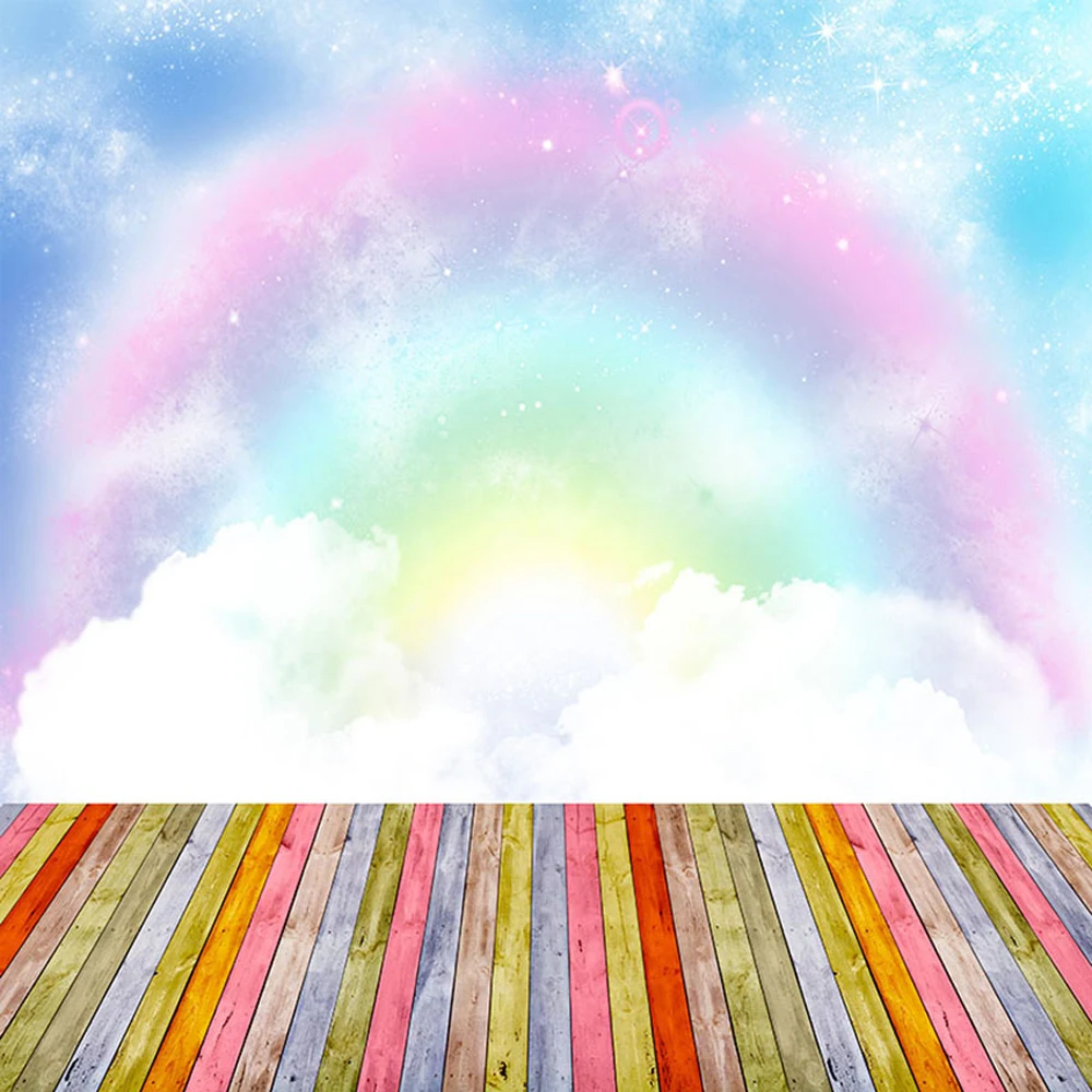 

Fantasy Blue Sky Clouds Rainbow Backdrop Photography Sparkles Newborn Baby Photoshoot Props Kids Photo Background Wooden Floor