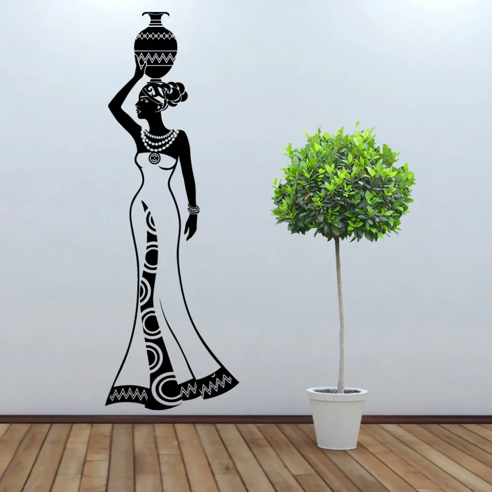 Wall Sticker African Woman Culture Dance Style Pitcher Vase Vinyl Wall Decals Living Room Home Decor Mural Art Wall Tattoo LC145