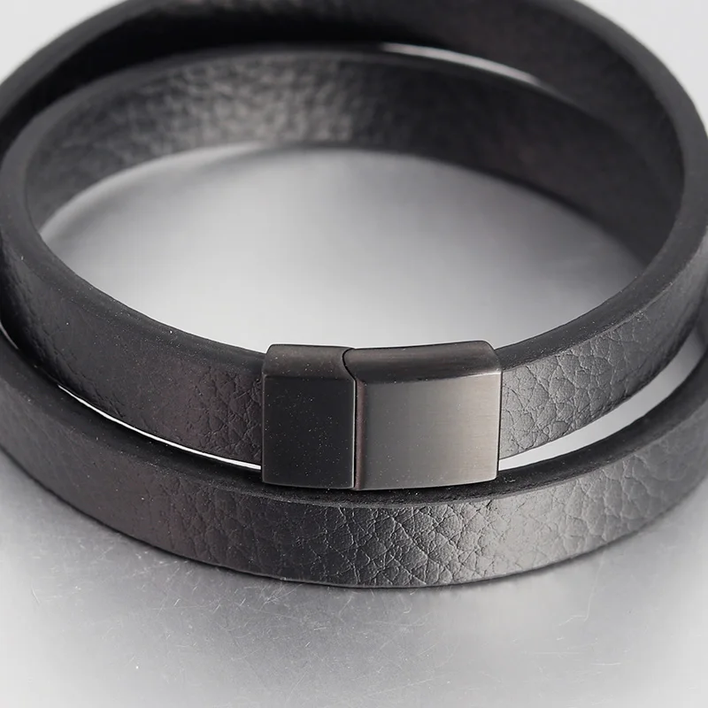 Fashion Black Leather Bracelet for Men Women Jewelry Simple Style Black Stainless Steel Magnetic Buckle Bangle