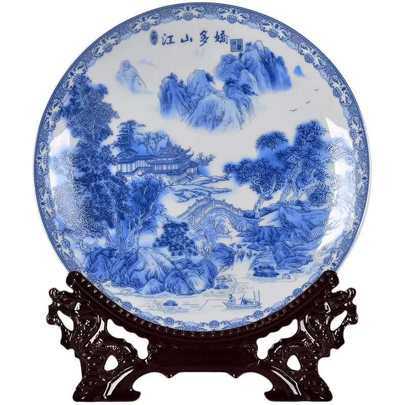 Jingdezhen Ceramic Ornamental Blue And White Landscape Plate Decoration Plate Wood Base House Porcelain Plate Set Wedding Gift