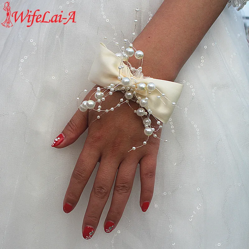 Wifelai-a Ivory Bow Tie Flowers Ribbon Bride Wrist Flowers with Pearls Bridesmaids Silk Hand Flowers Wedding Corsages