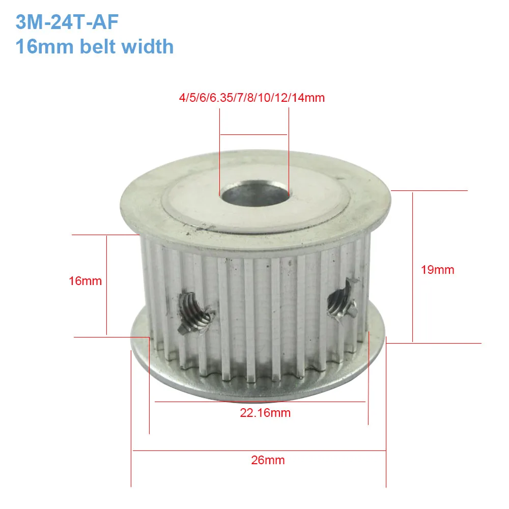 Polea de correa dentada HTD3M 24T, 16mm de ancho de correa 4/5/6/6,35/7/8/10/12/14mm de diámetro, rueda de polea dentada AF, polea de engranaje de 24 dientes