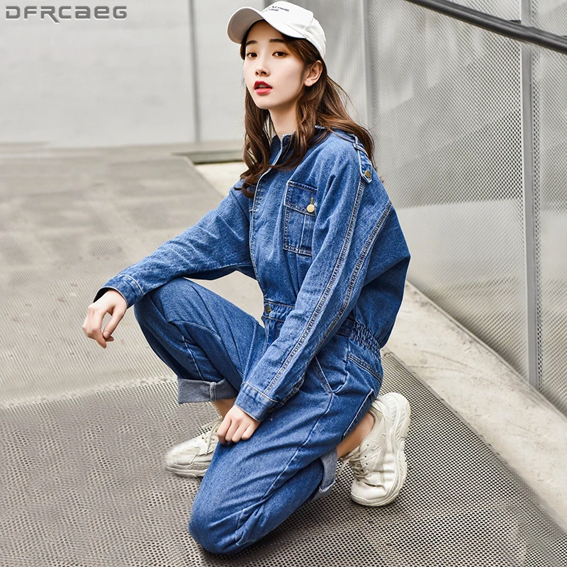 Fashion Streetwear Jeans Jumpsuit For Women Loose Vintage Ladies Denim Overalls Elastic Waist Long Sleeve Blue Romper Trousers