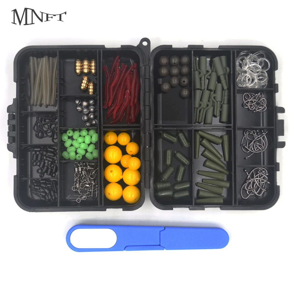 

MNFT 1 комплект, коробка для снастей для ловли карпа, комплект рыболовных принадлежностей, включая крючки, безопасные зажимы, свинцовое грузило, латунные грузила-пули