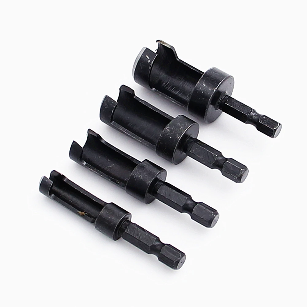 4pcs Quick Shank 1/4'' Shank Black Carpentry Wood Plug Cutter Straight Tapered Claw Type Drill Bit Set 6mm 10mm 13mm 16mm Drill