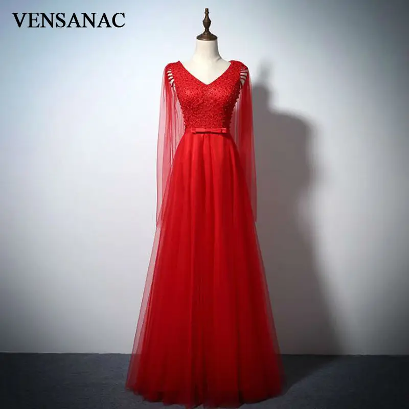 

VENSANAC New Beadings V Neck Long Evening Dresses Sleeveless Elegant Embroidery Sash Tank Lace Party Prom Ball Gowns