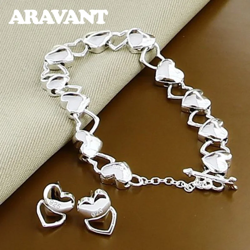 

925 Silver Heart Bracelets Earrings Sets For Women Wedding Party Jewelry