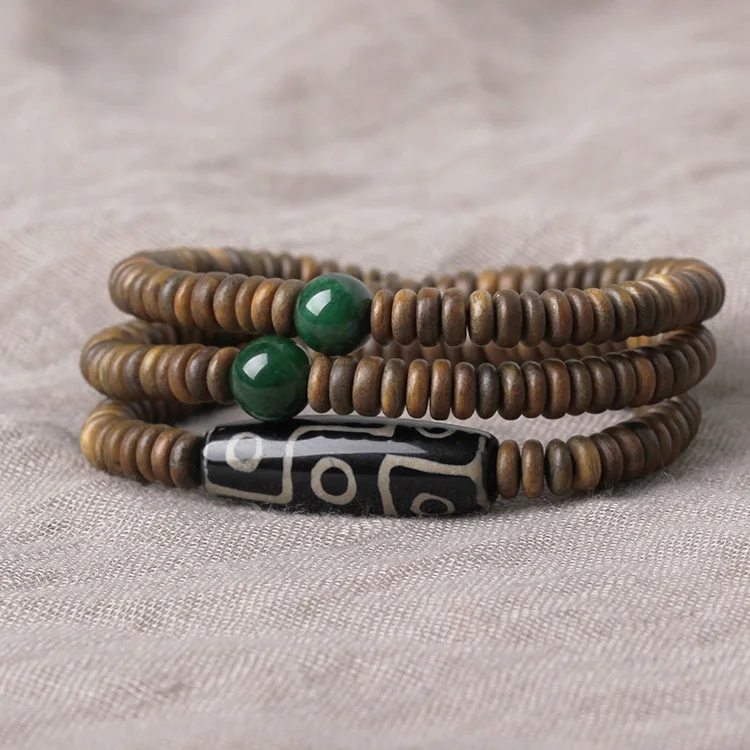 Retro Strand Bracelets Palo Santo Wood and Natural Stone Nine Eyes Dzi Ethnic Style with Green Stone  Vintage Jewelry