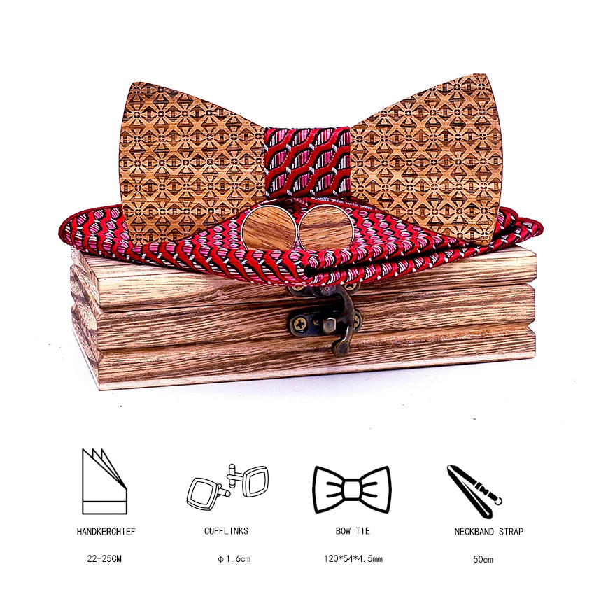 Wooden Bowtie gift for Mens Suit Wooden Bow Tie Bowknots Wedding Party gravata noeud papillon Handkerchief Cufflinks Sets