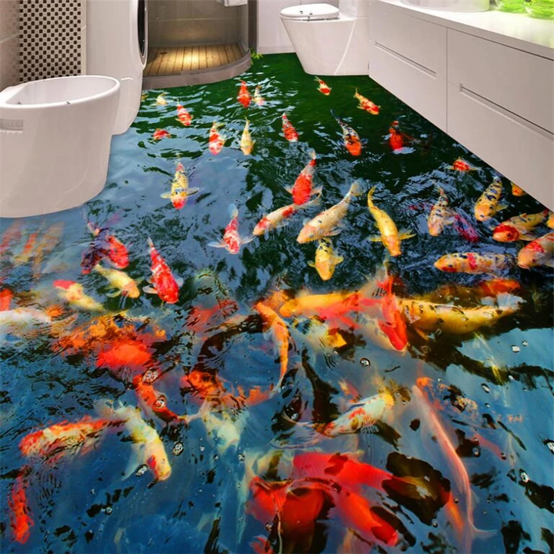 

beibehang 3D wearable PVC floor clear water pond carp toilet bathroom bedroom 3d floor papel de parede 3d para sala atacado