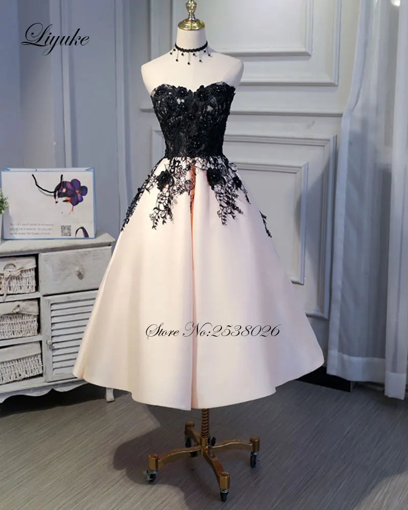 Liyuke Ruched Mix Black Custom Made New Prom Dress A Line Strapless Party Dress Knee-Length Lace Up Formal Dresses