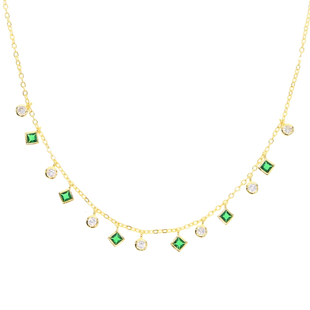 High Quality Bezel Cz Station Statement Green round square cz Charm Pendant 33+7cm Choker Necklace Thin Chain for women