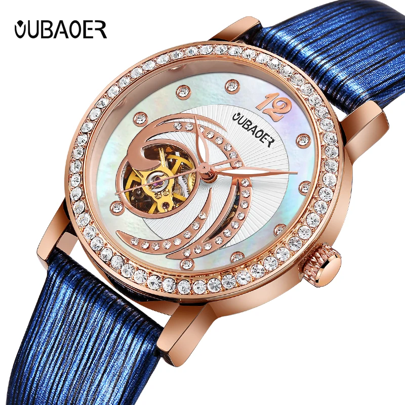 

OUBAOER Blue Skeleton Automatic Watches Women Fashion Bracelet Watch Ladies Rhinestone Luxury Genuine Leather Mechanical Watch
