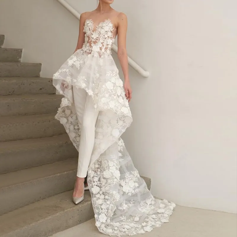 Two Piece Illusion Neck High-Low Wedding Jumpsuit 2022 with Lace Appliques Wedding Bridal Gowns Made-to-Order