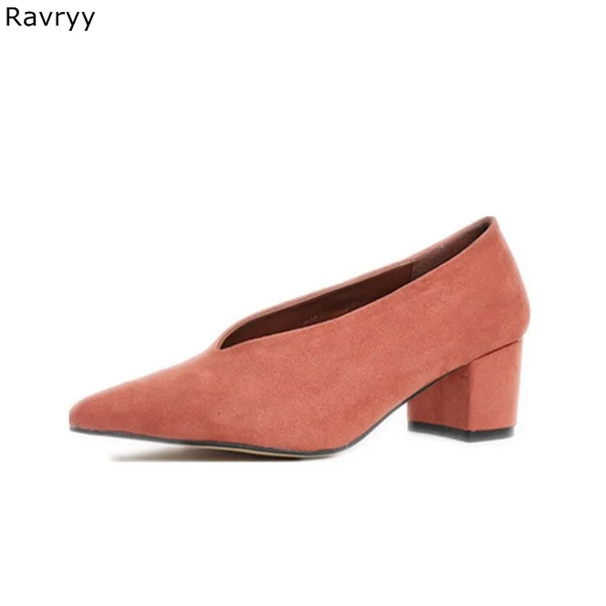 Orange suede Woman high heels Pointed Toe Sexy Pumps slip-on female dress shoes square heel officer lady single shoe OL out fits