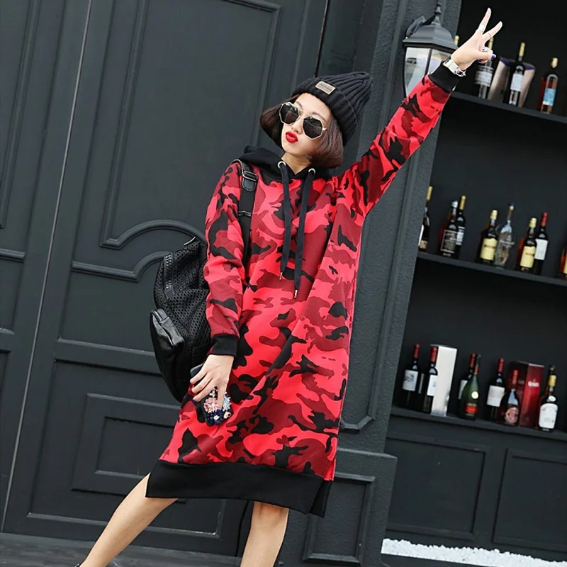 Long Sweatshirt Dress 2019 Autumn Winter Women Casual Hooded Long Sleeve Camouflage Loose Basic Party Pullover Vestido DD1559