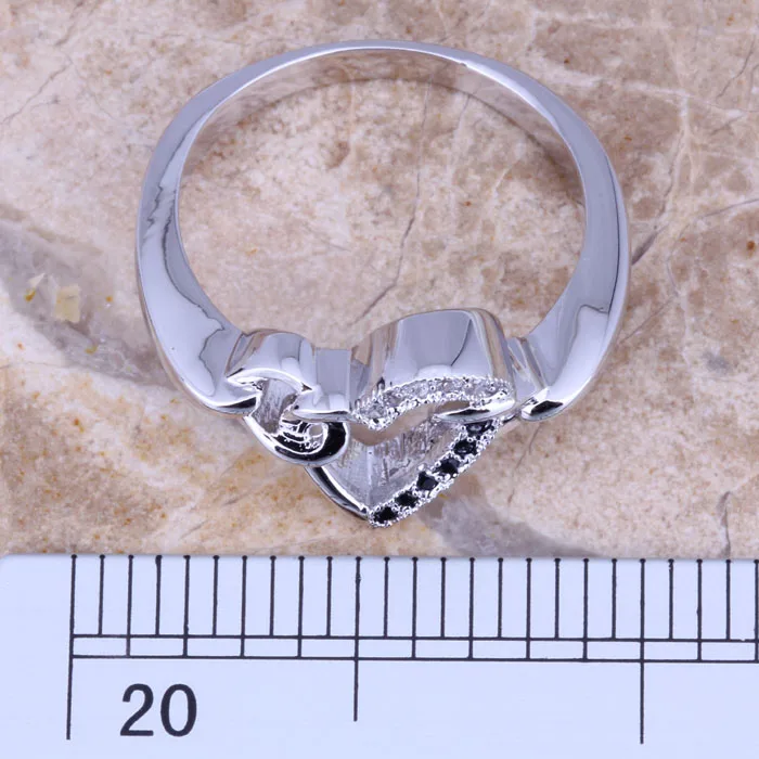 Heart Exquisite Black Cubic Zirconia White CZ Silver Plated Ring Size 6 / 7 / 8 / 9 E496