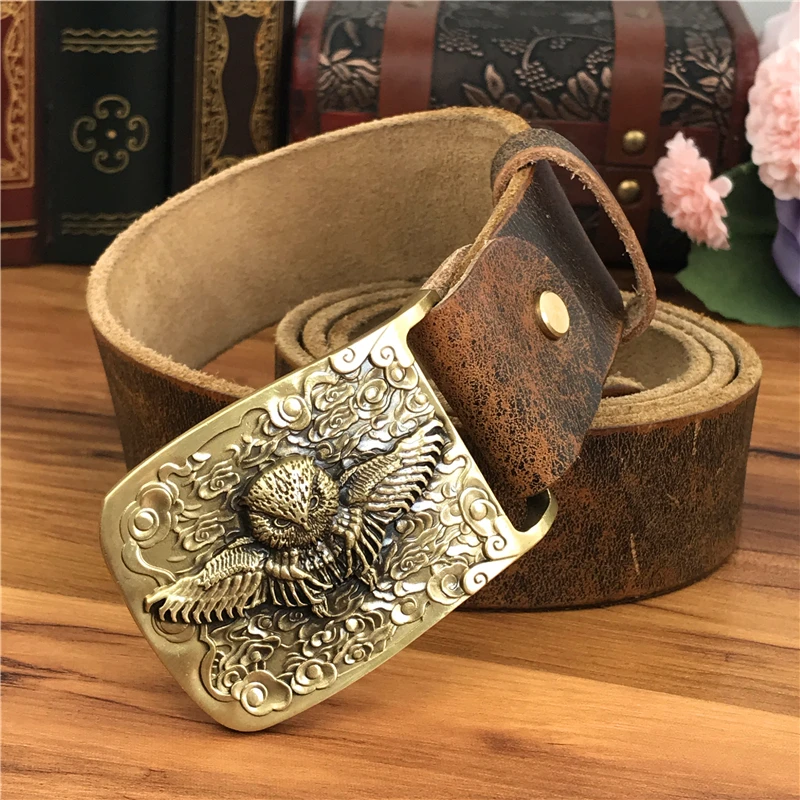 Brass Owl Belt Buckle Yellow Belts For Men Ceinture Homme Men Leather Belt Cowboy Jeans Male Leather Belt Strap Wide MBT0106