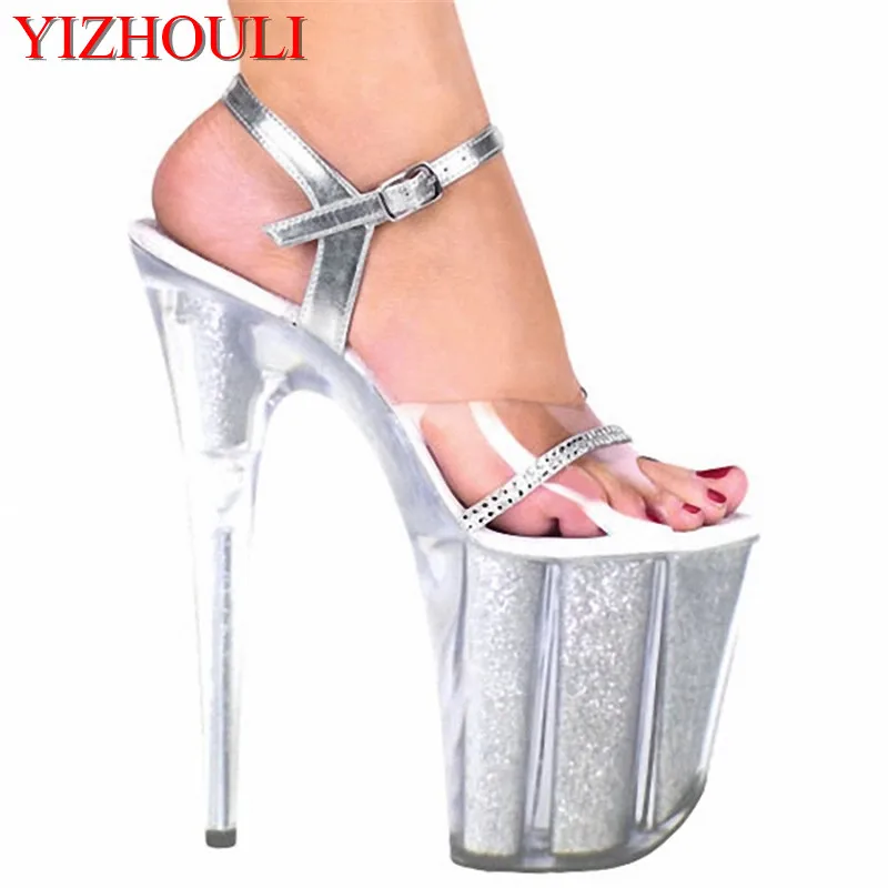 New 20 cm sexy ultra high heel clear crystal platform shoes, sequined platform 8 inch club sandals