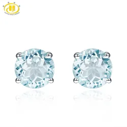 HUTANG Stone Jewelry 1.4ct Natural Aquamarine Round 6mm Stud Earrings Solid 925 Sterling Silver Gemstone Fine Jewelry Women Gift