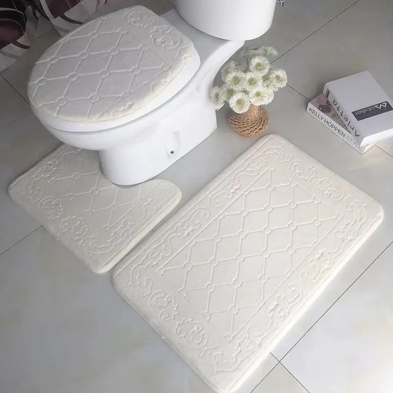 Fashion Non-slip Toilet Lid Cover Bath Mat Rugs Set Carpet for Bathroom and Toilet Seat Cover Floor Mat 3pcs Blue White Purple