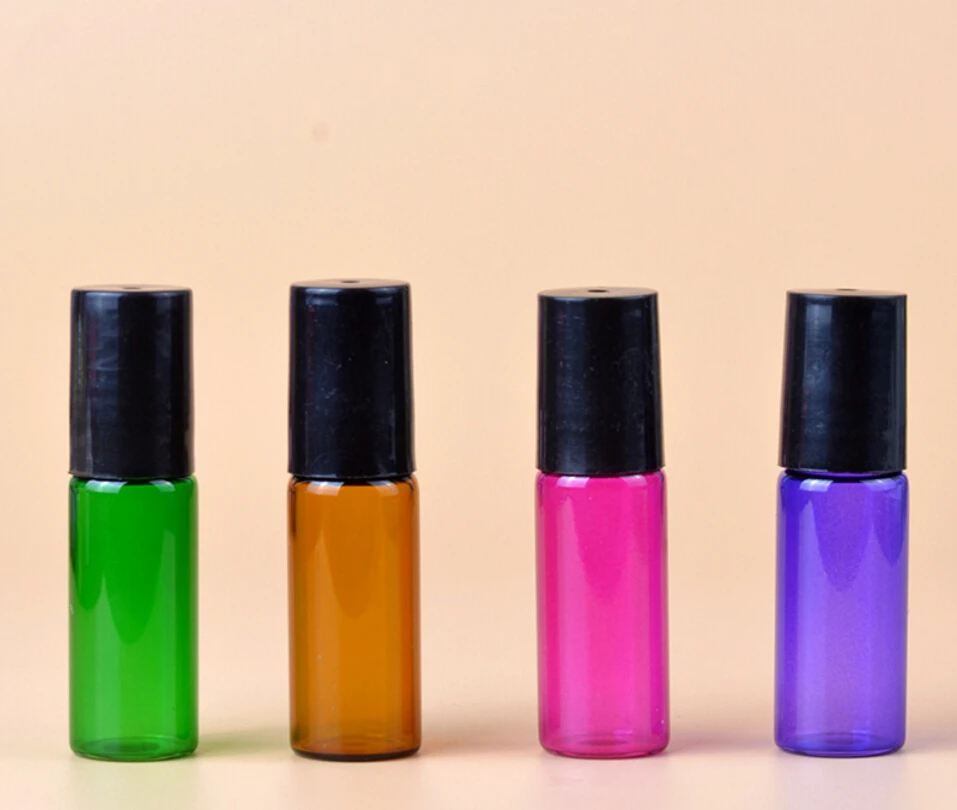 200PCS/LOT Thick 5ml PINK/ AMBER/ BLUE/ BLACK Empty Roll on Glass Bottle for Essential Oil METAL Roller Ball