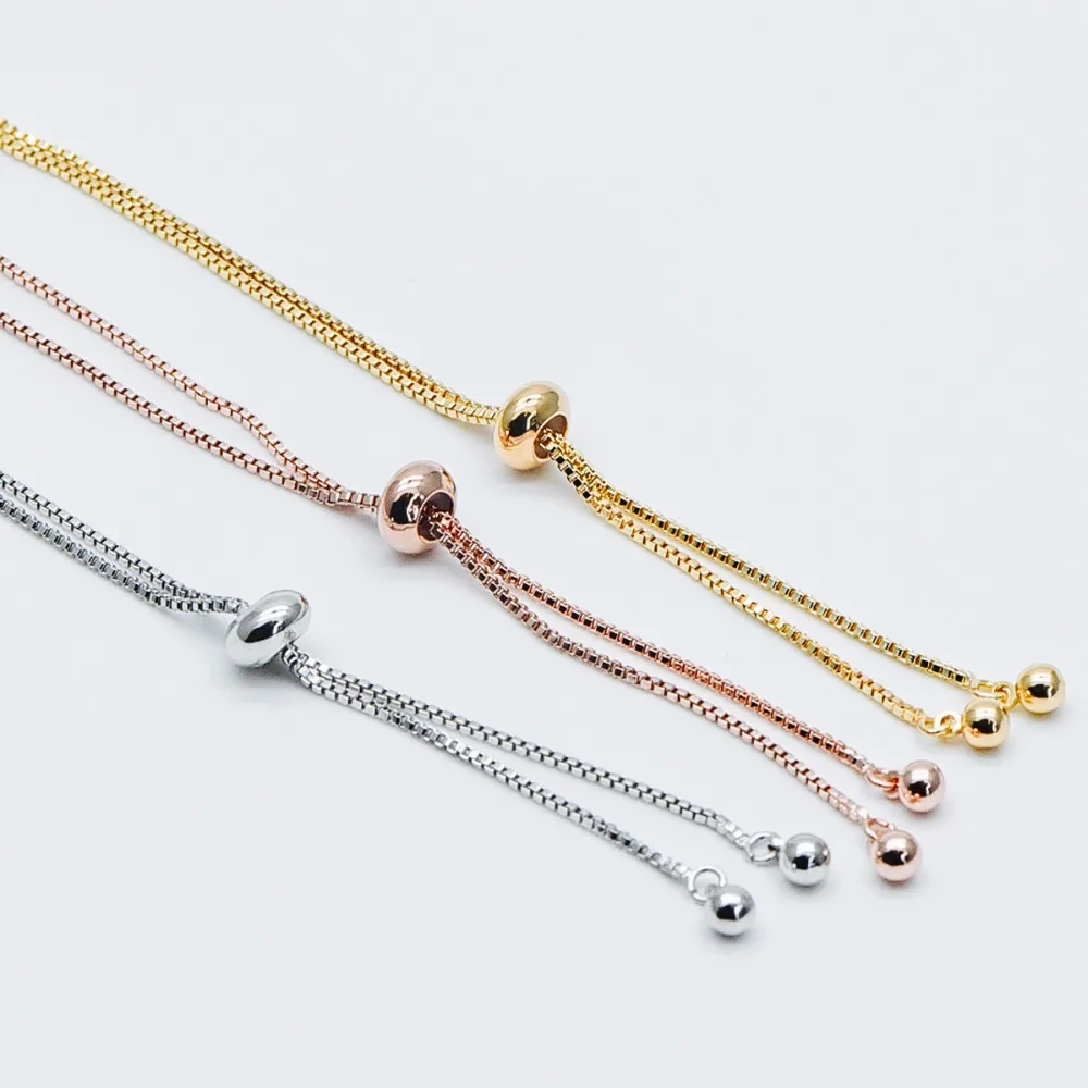 10pcs Gold/ Silver/ Rose Gold Sliding Adjustable Bracelet Making Chain, Half-Finished Bracelet with Rubber Stopper Beads(GB-269)