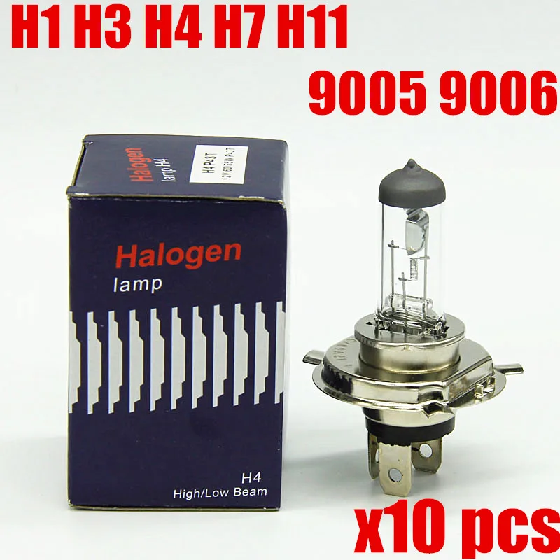 

10 pcs quartz glass auto halogen bulb H4 H7 H11 9005 9006 H1 H3 car headlight 55w 4300k halogen lamp