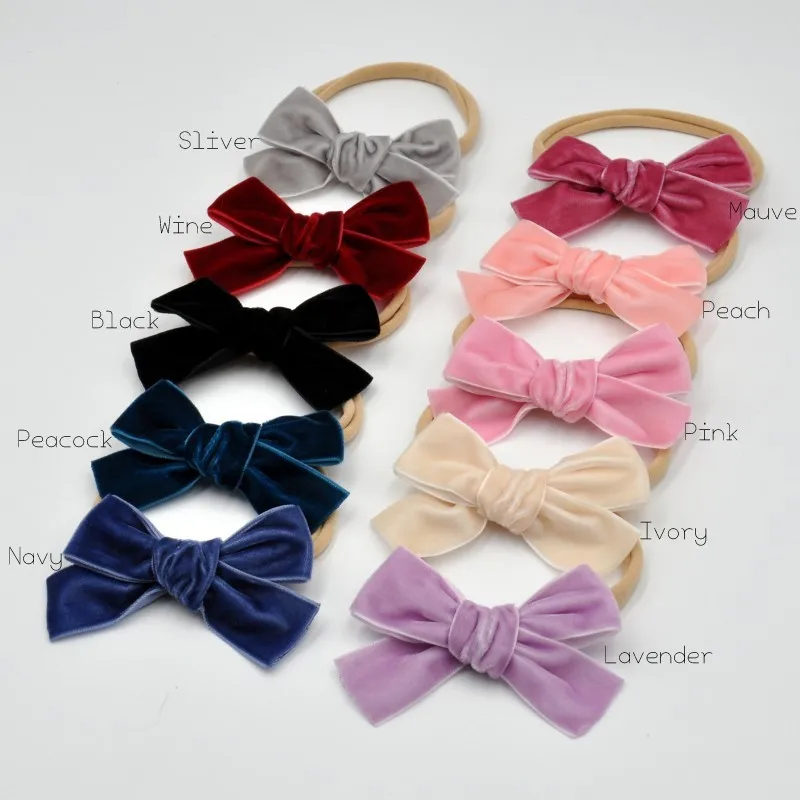 20Pcs/Lot Velvet Ribbon Bow Baby Headband Elastic Nylon Band for Girls Newborn Hair Accessories