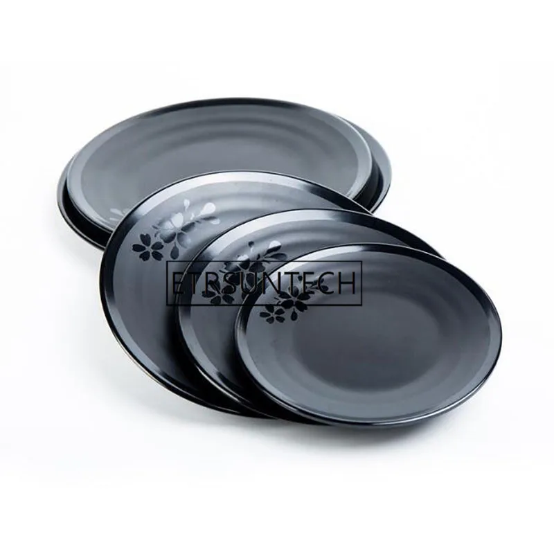 

50pcs Black Melamine Round Tray Sakura Dinner Plate Dishes Food Snacks Sushi Steak Dinner Plates Dessert Tea Tray Tableware