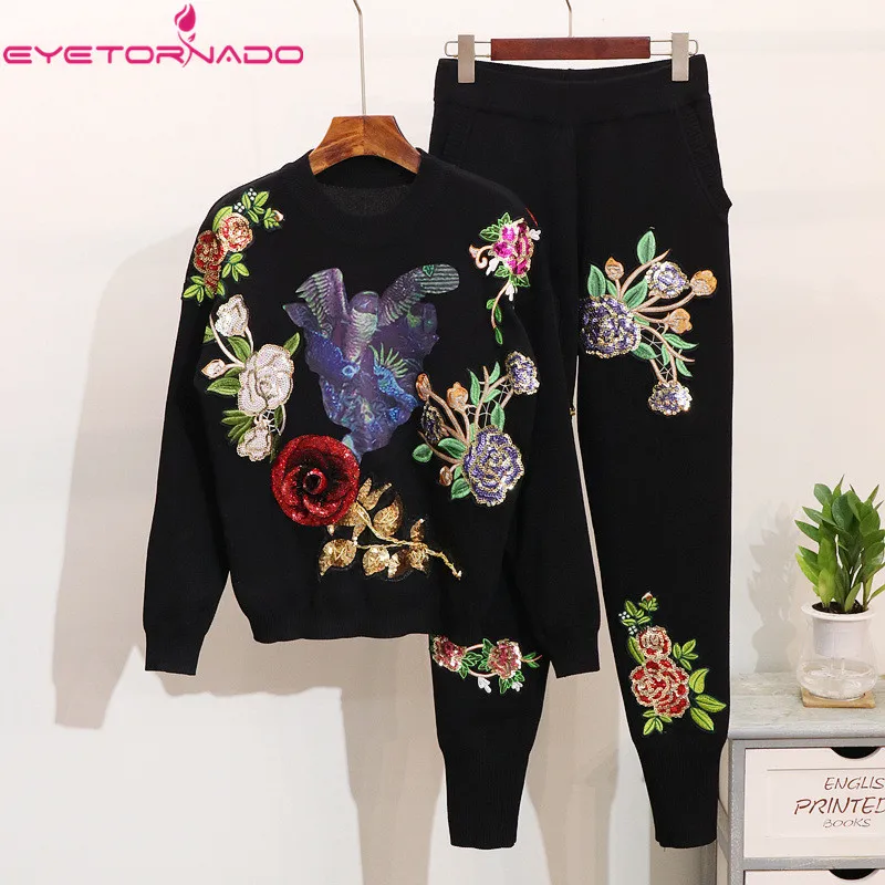 Women 2 Piece Tracksuit Winter Flower Embroidery Sequins Knitted Sweater Jumper Top and Pant Set Outfit Sport Suit