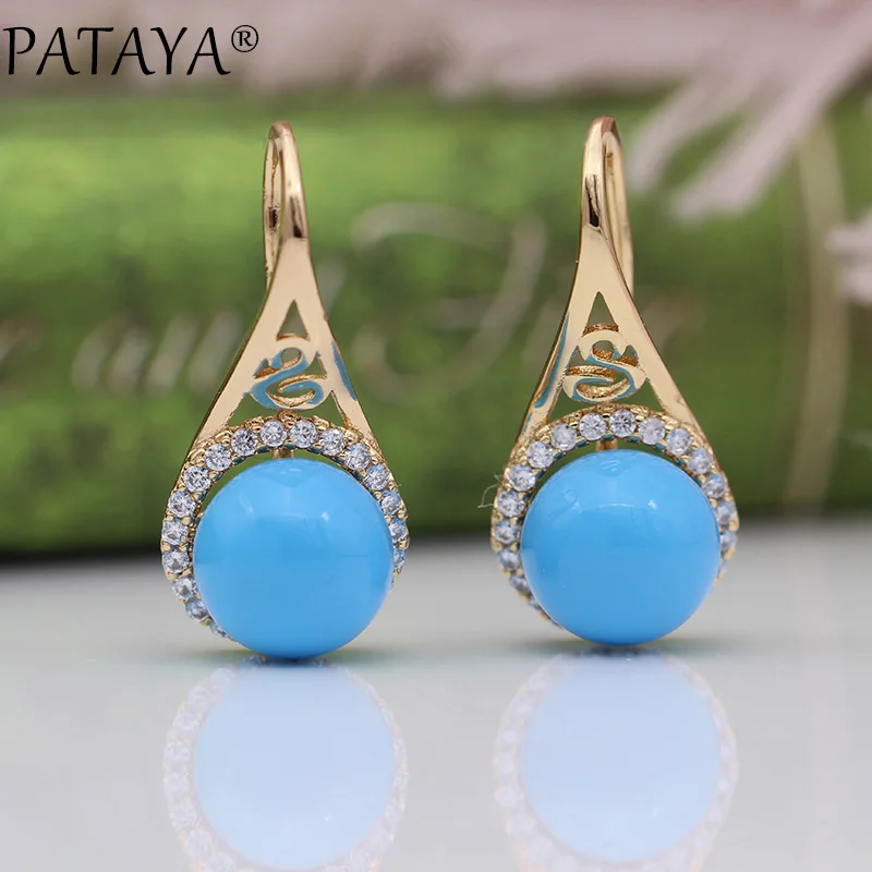 PATAYA New AB Color Shell Pearls Long Earrings Women Fashion Hollow Jewelry 585 Rose Gold Color Natural Zircon Dangle Earrings