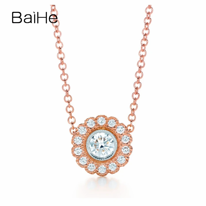 

BAIHE Solid 18K White/Rose Gold 0.17ct H/SI Natural Diamond Flower Necklace Women Men Fine Jewelry שרשרת פרחים Collana di fiori