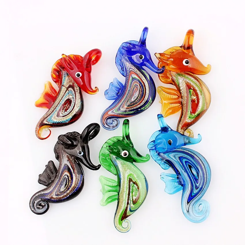 QianBei Wholesale 6pcs Handmade Multicolor Murano Lampwork Glass Seahorse Pendant Fit Necklace Hot Sale Pendants Gift