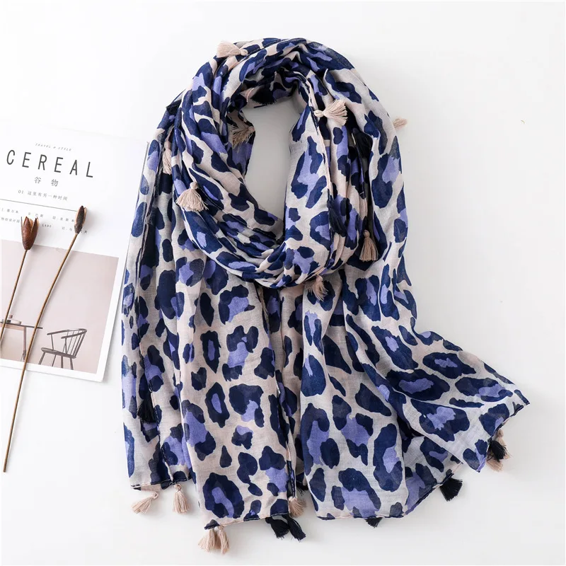 2025 herbst Winter Leopard Dot Quaste Viskose Schal Schal Frauen Drucken Halstuch Snood Luxus Marke Foulards Moslemisches Hijab Sjaal – Detail 11