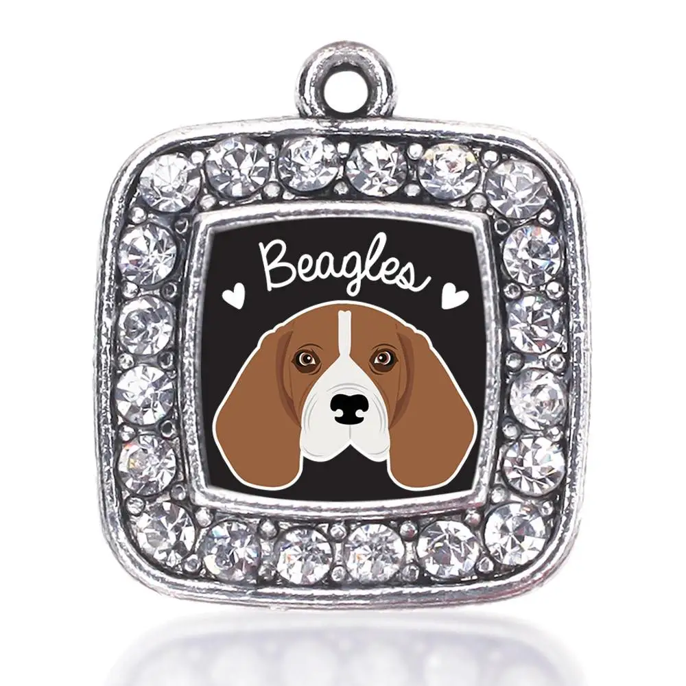 BEAGLE LOVER SQUARE CHARM  ANTIQUE SILVER PLATED CRYSTAL JEWELRY