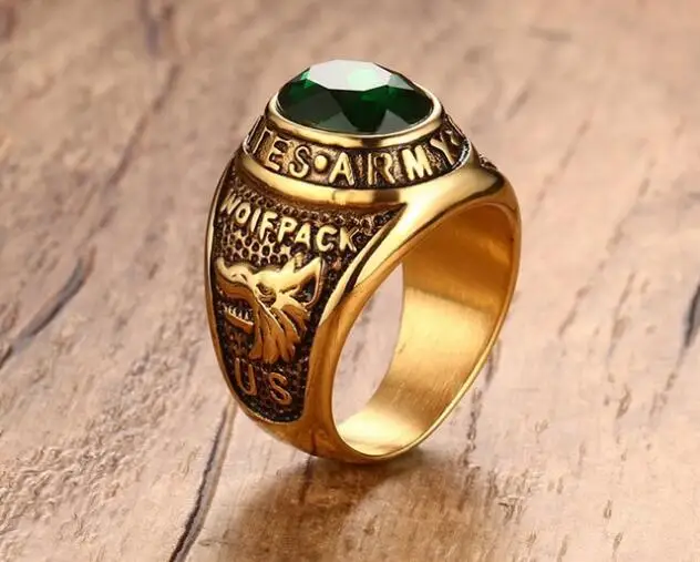 Plated Gold stainless steel Ring Band Large Green zircon Stone 8-12# Unisex Men army Gifts Hip-Hop