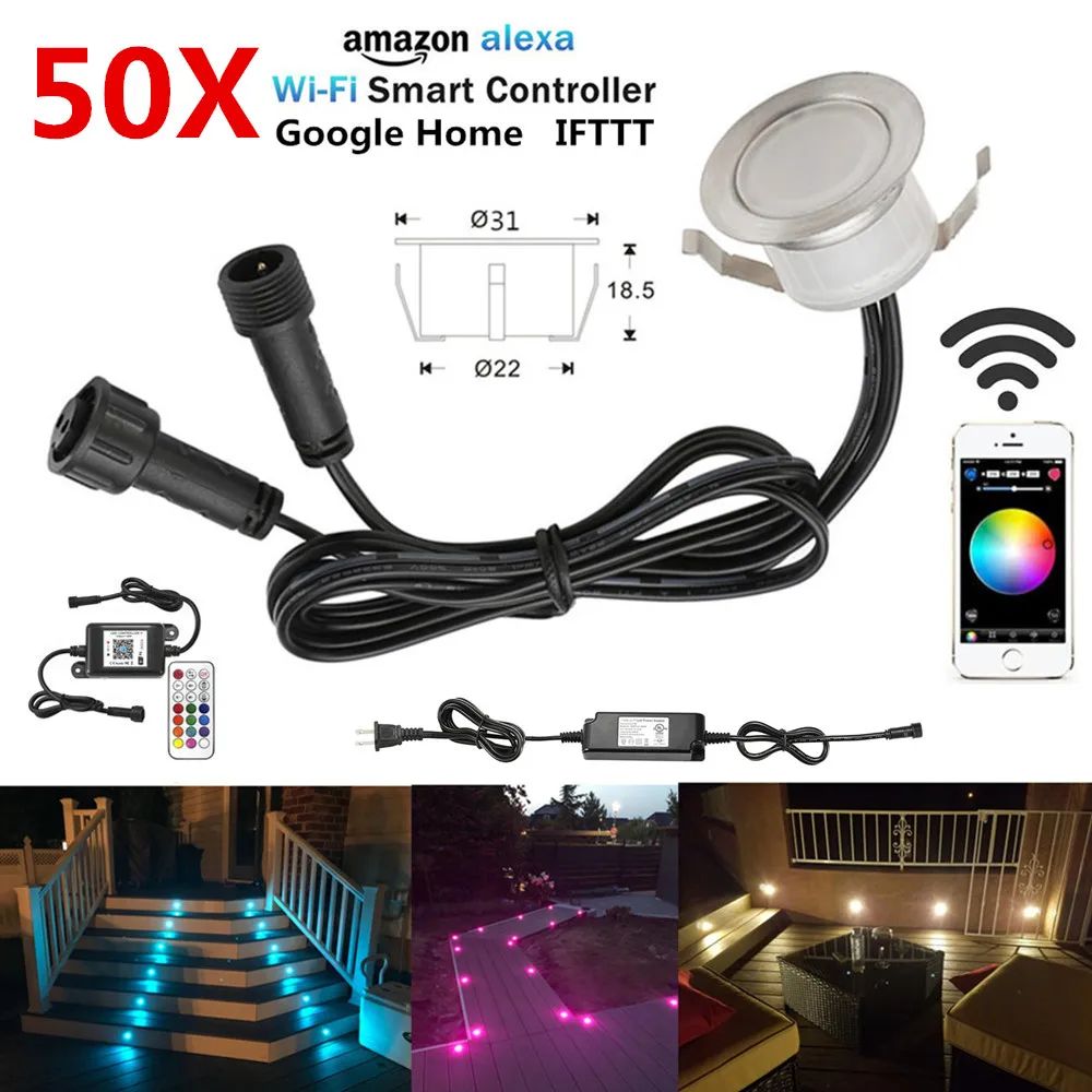 

50pcs/lot Smart WIFI Phone APP Control RGB/RGBW 31mm 12V Waterproof Terrace Stair Step LED Deck Rail Lights for Alexa GoogleHome